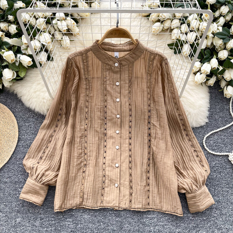 elegants, vintage, doba, apkakle ar mežģīnēm savienotu laternu Piedurkņu ikdienišķs krekls ar vienrindu Sieviešu pamati High Street blūze