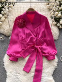 XFPV sieviešu temperamenta pārsējs trīsdimensiju ziedu blūze atloks Puff piedurknes brīvi krekli Pavasaris vasara 2024 SM10905