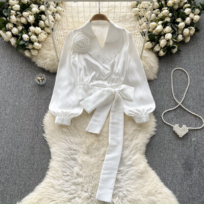 XFPV sieviešu temperamenta pārsējs trīsdimensiju ziedu blūze atloks Puff piedurknes brīvi krekli Pavasaris vasara 2024 SM10905