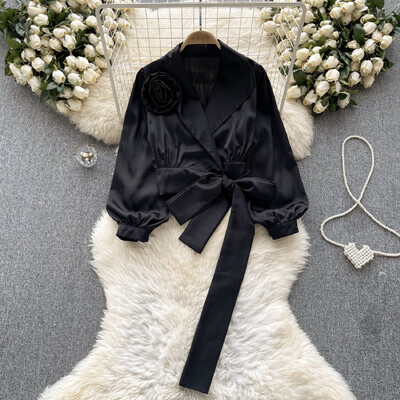 XFPV sieviešu temperamenta pārsējs trīsdimensiju ziedu blūze atloks Puff piedurknes brīvi krekli Pavasaris vasara 2024 SM10905