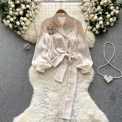 XFPV sieviešu temperamenta pārsējs trīsdimensiju ziedu blūze atloks Puff piedurknes brīvi krekli Pavasaris vasara 2024 SM10905