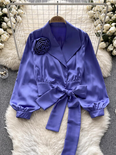 XFPV sieviešu temperamenta pārsējs trīsdimensiju ziedu blūze atloks Puff piedurknes brīvi krekli Pavasaris vasara 2024 SM10905