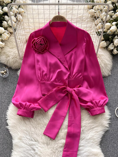 XFPV sieviešu temperamenta pārsējs trīsdimensiju ziedu blūze atloks Puff piedurknes brīvi krekli Pavasaris vasara 2024 SM10905