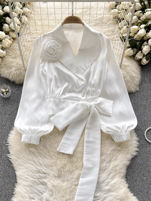 XFPV sieviešu temperamenta pārsējs trīsdimensiju ziedu blūze atloks Puff piedurknes brīvi krekli Pavasaris vasara 2024 SM10905