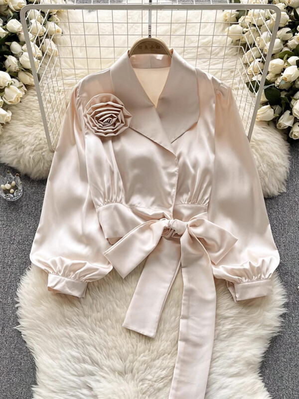 XFPV sieviešu temperamenta pārsējs trīsdimensiju ziedu blūze atloks Puff piedurknes brīvi krekli Pavasaris vasara 2024 SM10905