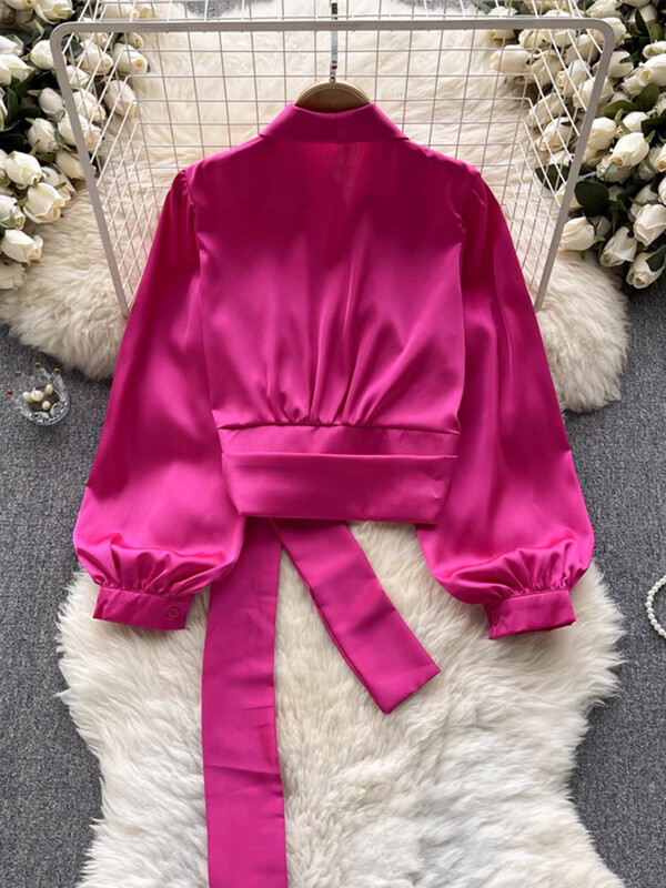 XFPV sieviešu temperamenta pārsējs trīsdimensiju ziedu blūze atloks Puff piedurknes brīvi krekli Pavasaris vasara 2024 SM10905