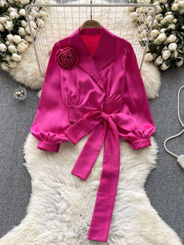 XFPV sieviešu temperamenta pārsējs trīsdimensiju ziedu blūze atloks Puff piedurknes brīvi krekli Pavasaris vasara 2024 SM10905