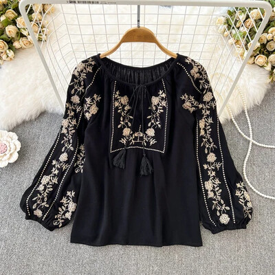 Eleganta Y2K blūze krekli ar O veida kakla izgriezumu Sieviešu brīvi pieguļoši krekli ar izšūtu topi Sieviešu ikdienas blūzes Laternas piedurknēm Blusas Dropshipping