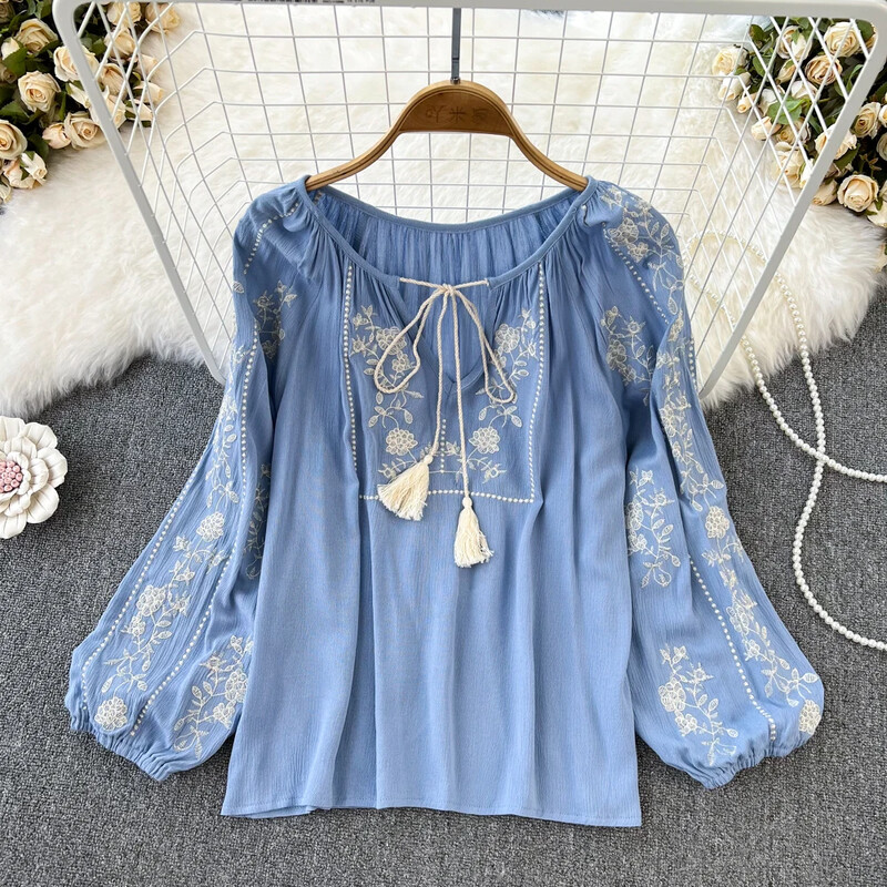 Eleganta Y2K blūze krekli ar O veida kakla izgriezumu Sieviešu brīvi pieguļoši krekli ar izšūtu topi Sieviešu ikdienas blūzes Laternas piedurknēm Blusas Dropshipping