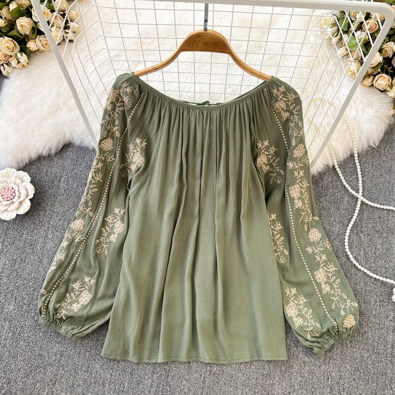 Eleganta Y2K blūze krekli ar O veida kakla izgriezumu Sieviešu brīvi pieguļoši krekli ar izšūtu topi Sieviešu ikdienas blūzes Laternas piedurknēm Blusas Dropshipping