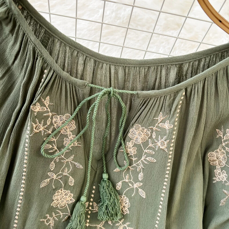 Eleganta Y2K blūze krekli ar O veida kakla izgriezumu Sieviešu brīvi pieguļoši krekli ar izšūtu topi Sieviešu ikdienas blūzes Laternas piedurknēm Blusas Dropshipping