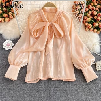 Neploe Fashion Temperament Tops Women Autumn New Fairy Loose Blouse Woman Bow V-deck Solid Color Blusas Mujer De Moda 2024