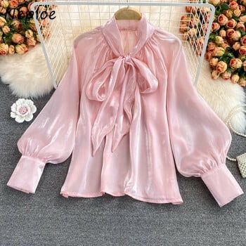 Neploe Fashion Temperament Tops Women Autumn New Fairy Loose Blouse Woman Bow V-deck Solid Color Blusas Mujer De Moda 2024