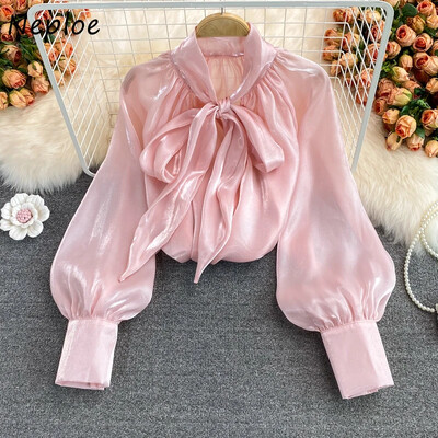 Neploe Fashion Temperament Tops Women Autumn New Fairy Loose Blouse Woman Bow V-deck Solid Color Blusas Mujer De Moda 2024