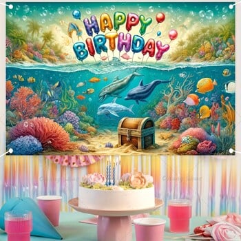 Карикатура Ocean Animal Dolphin Тема за парти за рожден ден Фон Baby Shower Under the Sea Ocean Тема Консумативи за парти за рожден ден