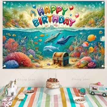 Карикатура Ocean Animal Dolphin Тема за парти за рожден ден Фон Baby Shower Under the Sea Ocean Тема Консумативи за парти за рожден ден