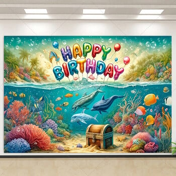 Карикатура Ocean Animal Dolphin Тема за парти за рожден ден Фон Baby Shower Under the Sea Ocean Тема Консумативи за парти за рожден ден