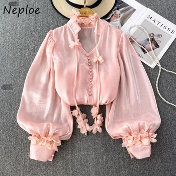 Neploe Sweet Pink Loose Chiffon Blusas Mujer Φθινοπωρινά καινούργια πουκάμισα με λαιμόκοψη V γυναικεία μπλούζες με φανάρι Y2k E-Girl