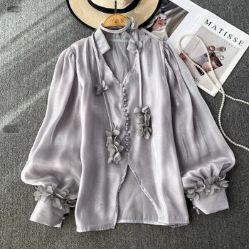 Neploe Sweet Pink Loose Chiffon Blusas Mujer Φθινοπωρινά καινούργια πουκάμισα με λαιμόκοψη V γυναικεία μπλούζες με φανάρι Y2k E-Girl