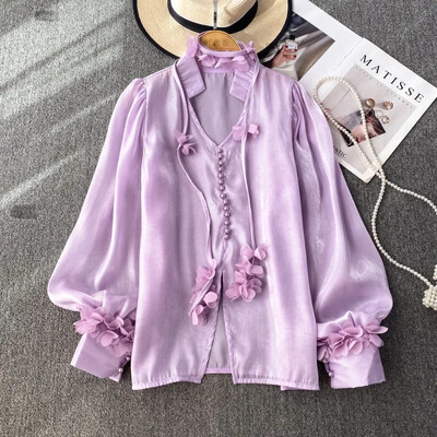 Neploe Sweet Pink Loose Chiffon Blusas Mujer Φθινοπωρινά καινούργια πουκάμισα με λαιμόκοψη V γυναικεία μπλούζες με φανάρι Y2k E-Girl