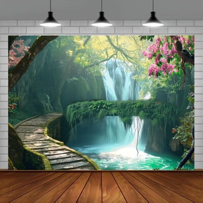 Zaļā meža ainavas fons Fotogrāfija Fons Ballīšu reklāmkarogs Ballīšu piederumi Ballīšu dekorēšanas dzimšanas dienas reklāmkarogs