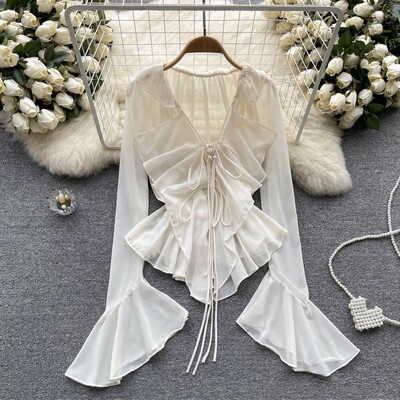 Apsauginis kremas nuo saulės, moteriško dizaino „Sense“ netaisyklingos platėjančios rankovės šifoniniai marškinėliai Nauji moteriški raukiniai V formos iškirpte suvarstomi seksualios palaidinės