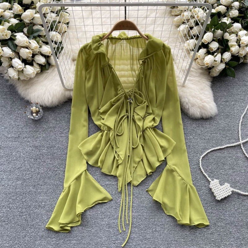 Apsauginis kremas nuo saulės, moteriško dizaino „Sense“ netaisyklingos platėjančios rankovės šifoniniai marškinėliai Nauji moteriški raukiniai V formos iškirpte suvarstomi seksualios palaidinės