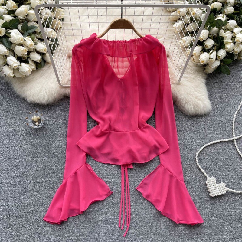 Apsauginis kremas nuo saulės, moteriško dizaino „Sense“ netaisyklingos platėjančios rankovės šifoniniai marškinėliai Nauji moteriški raukiniai V formos iškirpte suvarstomi seksualios palaidinės