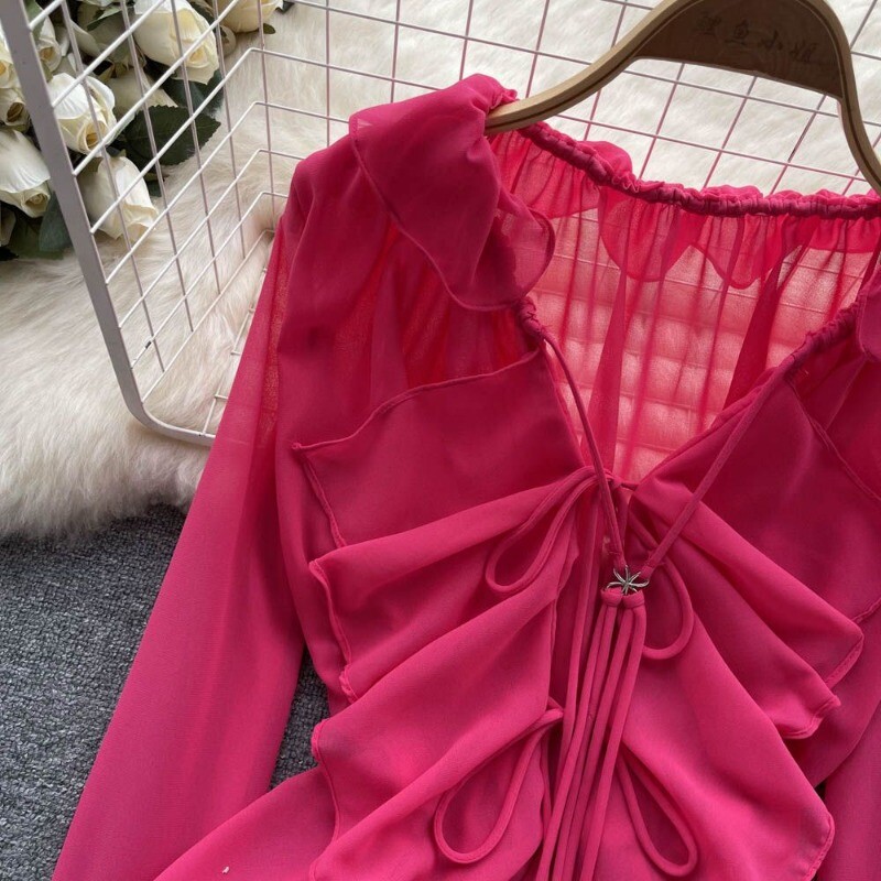 Apsauginis kremas nuo saulės, moteriško dizaino „Sense“ netaisyklingos platėjančios rankovės šifoniniai marškinėliai Nauji moteriški raukiniai V formos iškirpte suvarstomi seksualios palaidinės