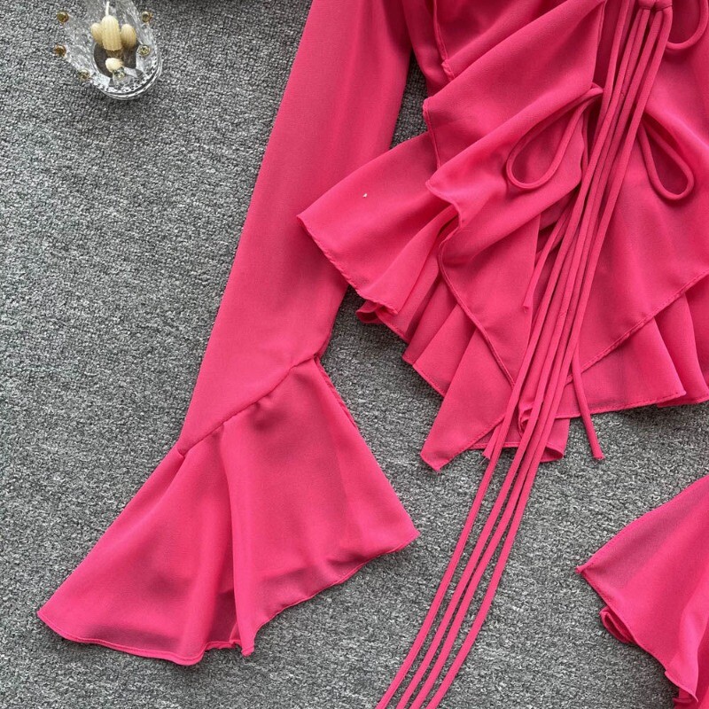 Apsauginis kremas nuo saulės, moteriško dizaino „Sense“ netaisyklingos platėjančios rankovės šifoniniai marškinėliai Nauji moteriški raukiniai V formos iškirpte suvarstomi seksualios palaidinės