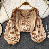 Κομψό Γλυκό Κέντημα Φούντες Μακρυμάνικο O λαιμό Φαρδιά Μπλούζα Κομψή Γαλλική μόδα σέξι πουκάμισο Άνοιξη Φθινόπωρο Γυναικείο Crop Top