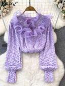 XFPV sieviešu saldie volāni korejiešu versija augstas kvalitātes blūze ar V-veida kakla izgriezumu piedurknēm brīvi krekli Pavasara vasara 2024 SM10807