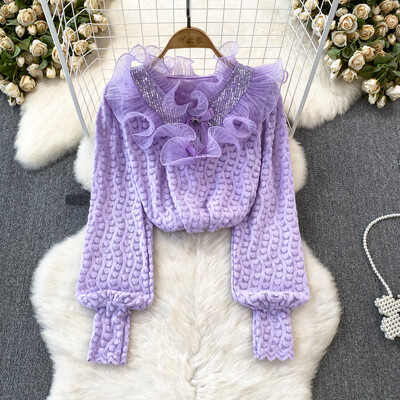 XFPV sieviešu saldie volāni korejiešu versija augstas kvalitātes blūze ar V-veida kakla izgriezumu piedurknēm brīvi krekli Pavasara vasara 2024 SM10807