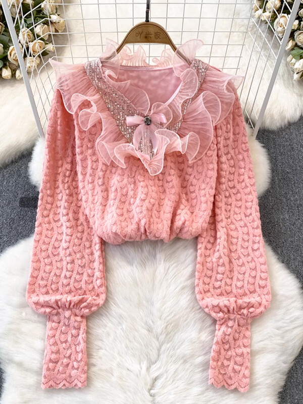 XFPV sieviešu saldie volāni korejiešu versija augstas kvalitātes blūze ar V-veida kakla izgriezumu piedurknēm brīvi krekli Pavasara vasara 2024 SM10807