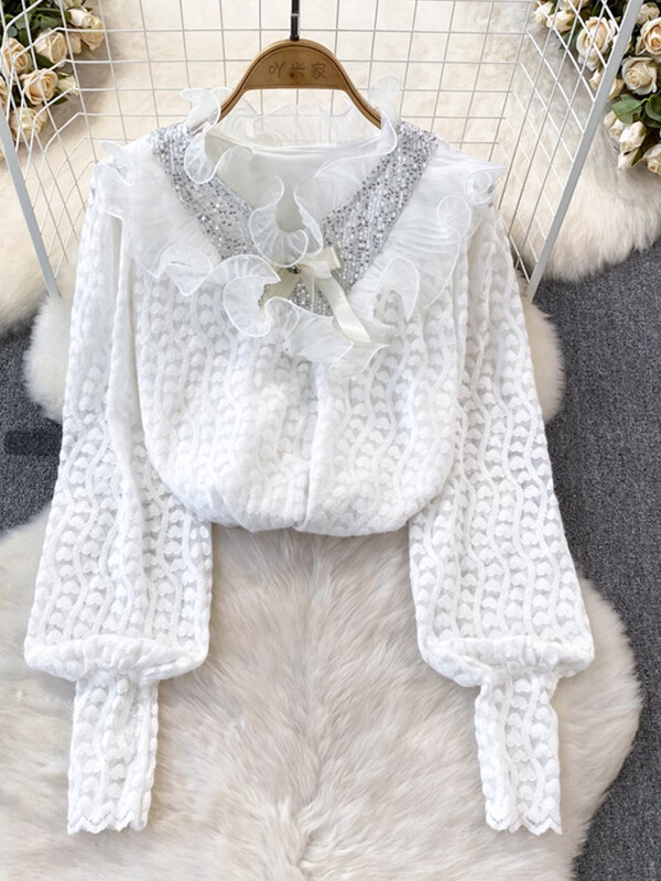XFPV sieviešu saldie volāni korejiešu versija augstas kvalitātes blūze ar V-veida kakla izgriezumu piedurknēm brīvi krekli Pavasara vasara 2024 SM10807