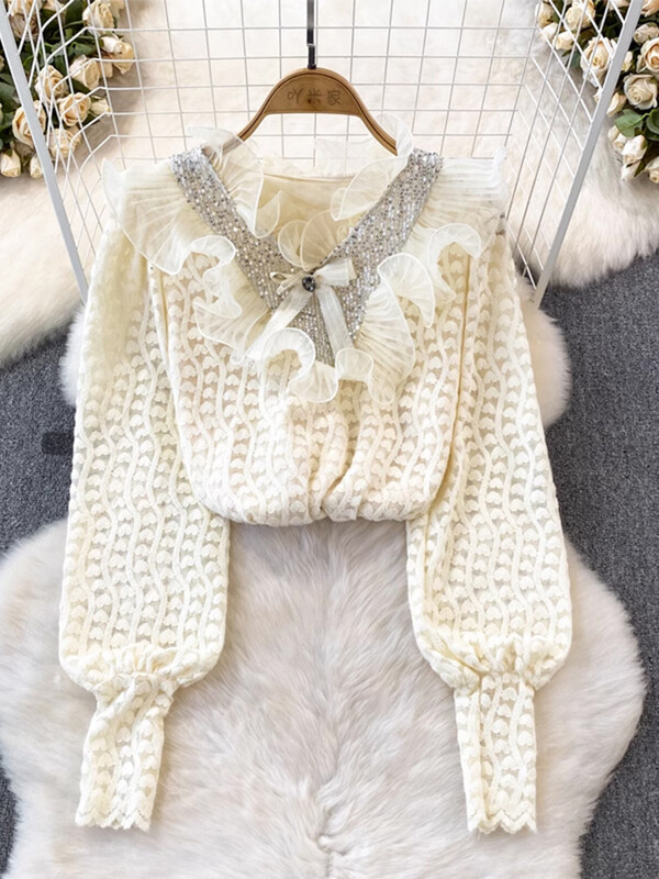 XFPV sieviešu saldie volāni korejiešu versija augstas kvalitātes blūze ar V-veida kakla izgriezumu piedurknēm brīvi krekli Pavasara vasara 2024 SM10807