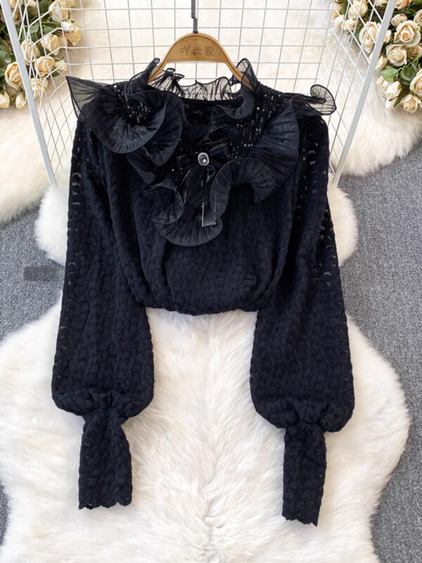 XFPV sieviešu saldie volāni korejiešu versija augstas kvalitātes blūze ar V-veida kakla izgriezumu piedurknēm brīvi krekli Pavasara vasara 2024 SM10807