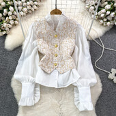 Két darab állógallér hajtóka Egyedülálló női ingek érkezési udvar stílus + v-nyakú Dobby sokoldalú női csipke Camis Dropshipping