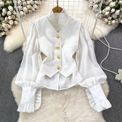 Két darab állógallér hajtóka Egyedülálló női ingek érkezési udvar stílus + v-nyakú Dobby sokoldalú női csipke Camis Dropshipping