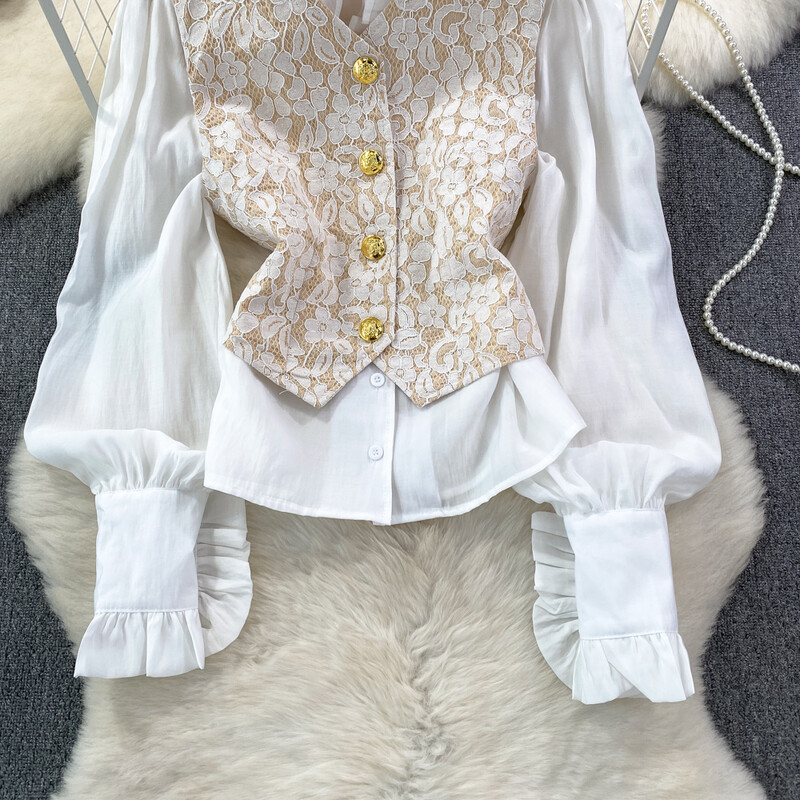 Két darab állógallér hajtóka Egyedülálló női ingek érkezési udvar stílus + v-nyakú Dobby sokoldalú női csipke Camis Dropshipping