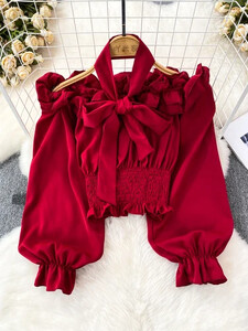 Slash Beck Μπλούζα για Γυναικεία Flounced Edge Skinny Πουκάμισα με μακριά μανίκια με φανάρι Φθινοπωρινό Casual Γυναικείο Blusa Dropshipping