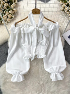 Slash Beck Μπλούζα για Γυναικεία Flounced Edge Skinny Πουκάμισα με μακριά μανίκια με φανάρι Φθινοπωρινό Casual Γυναικείο Blusa Dropshipping