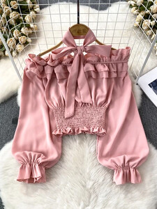 Slash Beck Μπλούζα για Γυναικεία Flounced Edge Skinny Πουκάμισα με μακριά μανίκια με φανάρι Φθινοπωρινό Casual Γυναικείο Blusa Dropshipping