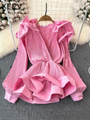 XFPV Γυναικεία σέξι βολάν Πλισέ τρισδιάστατη μπλούζα με πέταλο με λαιμόκοψη V μακρυμάνικα φαρδιά πουκάμισα Άνοιξη Καλοκαίρι 2024 SM10885