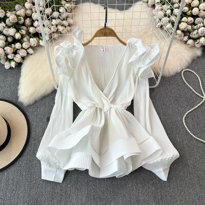 XFPV Γυναικεία σέξι βολάν Πλισέ τρισδιάστατη μπλούζα με πέταλο με λαιμόκοψη V μακρυμάνικα φαρδιά πουκάμισα Άνοιξη Καλοκαίρι 2024 SM10885