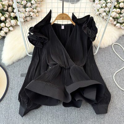 XFPV Γυναικεία σέξι βολάν Πλισέ τρισδιάστατη μπλούζα με πέταλο με λαιμόκοψη V μακρυμάνικα φαρδιά πουκάμισα Άνοιξη Καλοκαίρι 2024 SM10885