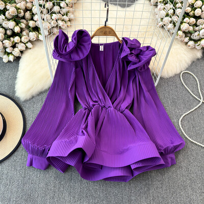 XFPV Γυναικεία σέξι βολάν Πλισέ τρισδιάστατη μπλούζα με πέταλο με λαιμόκοψη V μακρυμάνικα φαρδιά πουκάμισα Άνοιξη Καλοκαίρι 2024 SM10885