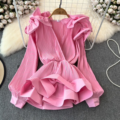 XFPV Γυναικεία σέξι βολάν Πλισέ τρισδιάστατη μπλούζα με πέταλο με λαιμόκοψη V μακρυμάνικα φαρδιά πουκάμισα Άνοιξη Καλοκαίρι 2024 SM10885