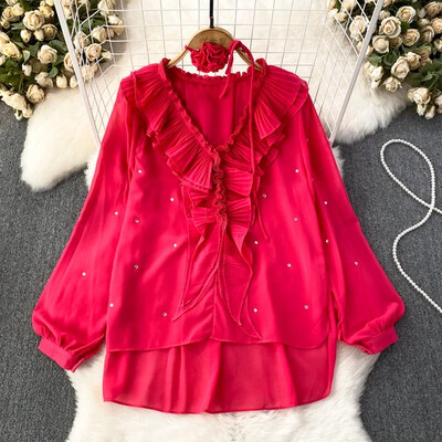 Blusen Damen 2023 Blūze Sieviešu Blusas Eleganta V-veida kakla izgriezuma mala ar pērlītēm Eleganta blūzes Sieviete Franču tiesa Retro gadījuma dropship