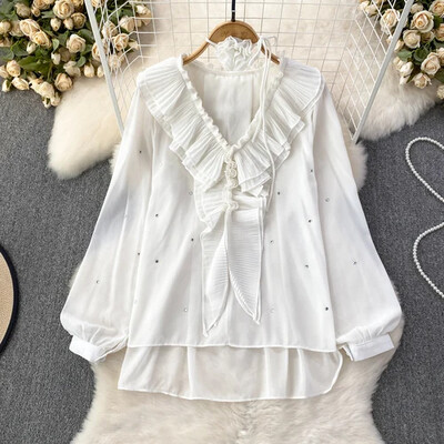 Blusen Damen 2023 Blūze Sieviešu Blusas Eleganta V-veida kakla izgriezuma mala ar pērlītēm Eleganta blūzes Sieviete Franču tiesa Retro gadījuma dropship
